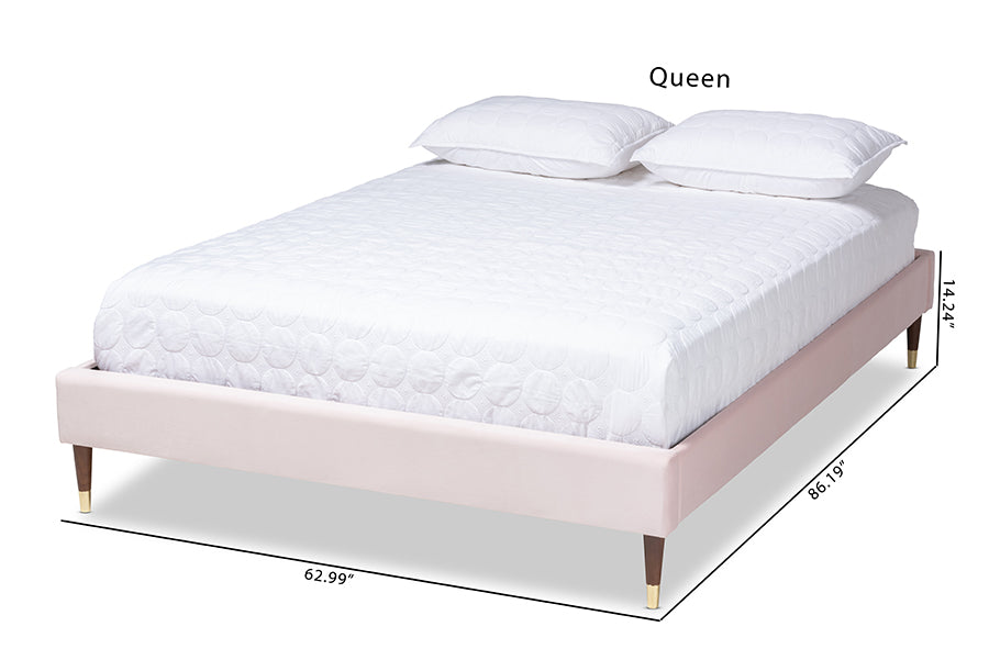 Baxton Studio Volden Glam and Luxe Light Pink Velvet Fabric Upholstered Full Size Wood Platform Bed Frame with Gold-Tone Leg Tips
