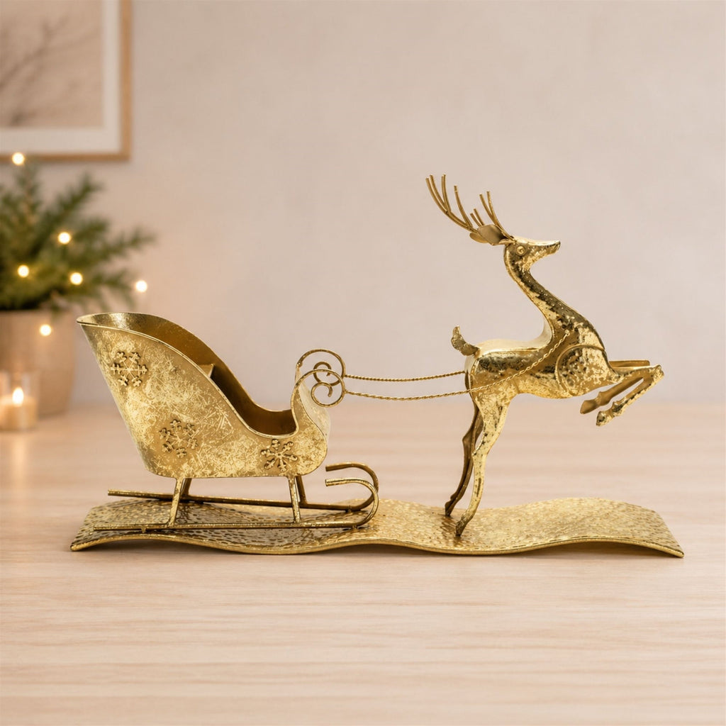 Hammered Metal Deer with Sleigh 25.5"L
