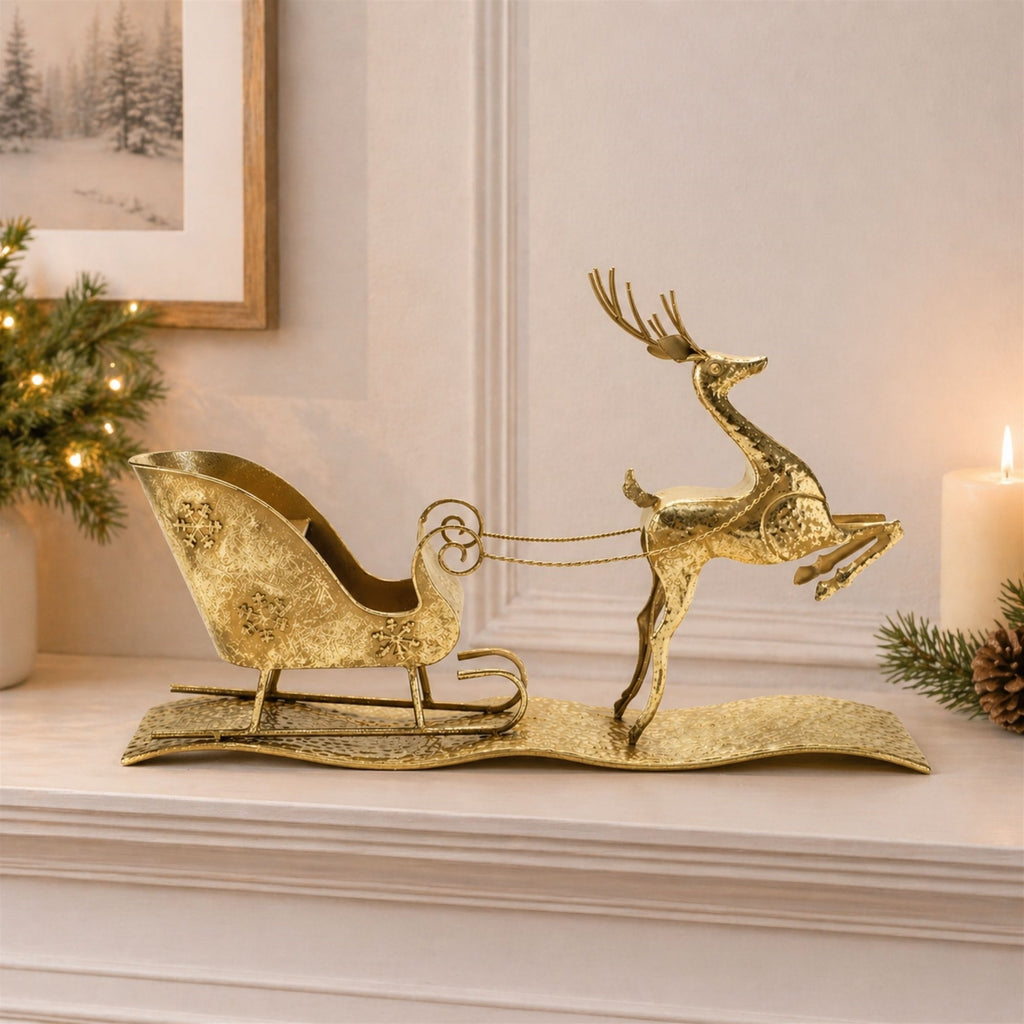 Hammered Metal Deer with Sleigh 25.5"L