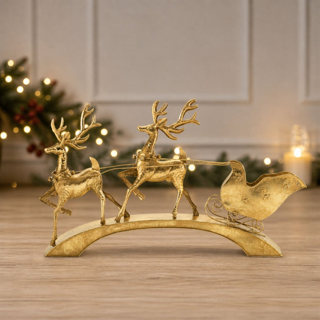 Hammered Metal Deer with Sleigh 40.5"L