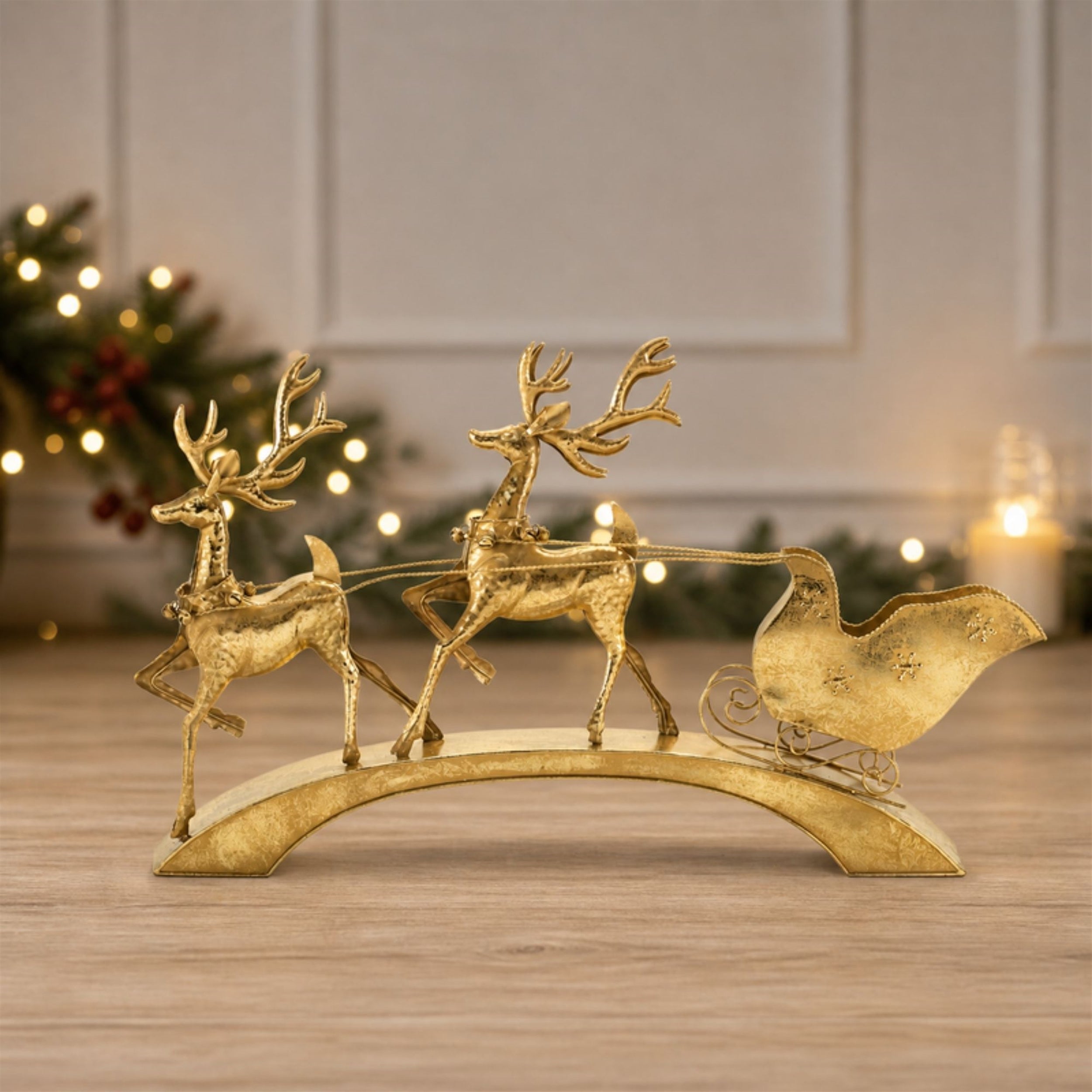 Hammered Metal Deer with Sleigh 40.5"L