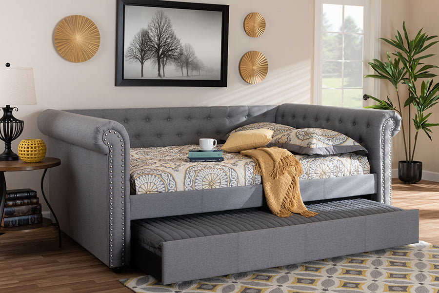 Baxton Studio Mabelle Modern and Contemporary Gray Fabric Upholstered Full Size Daybed with Trundle