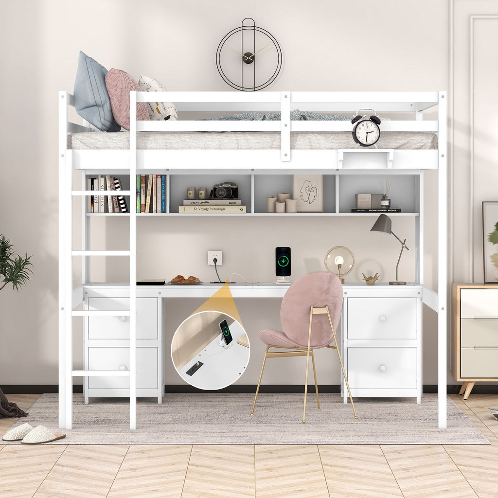 Full Size Loft Bed With Desk, Cabinets, Drawers, Charging Station And Bedside Tray, Sturdy Frame, No Box Spring Required - White