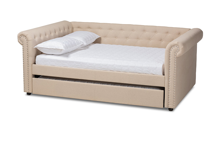 Baxton Studio Mabelle Modern and Contemporary Beige Fabric Upholstered Full Size Daybed with Trundle