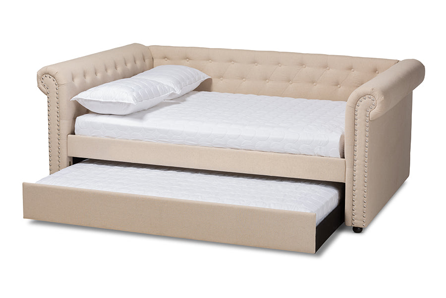 Baxton Studio Mabelle Modern and Contemporary Beige Fabric Upholstered Full Size Daybed with Trundle