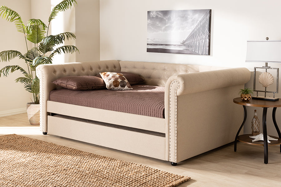 Baxton Studio Mabelle Modern and Contemporary Beige Fabric Upholstered Full Size Daybed with Trundle