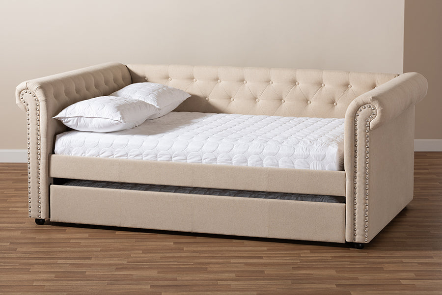 Baxton Studio Mabelle Modern and Contemporary Beige Fabric Upholstered Full Size Daybed with Trundle
