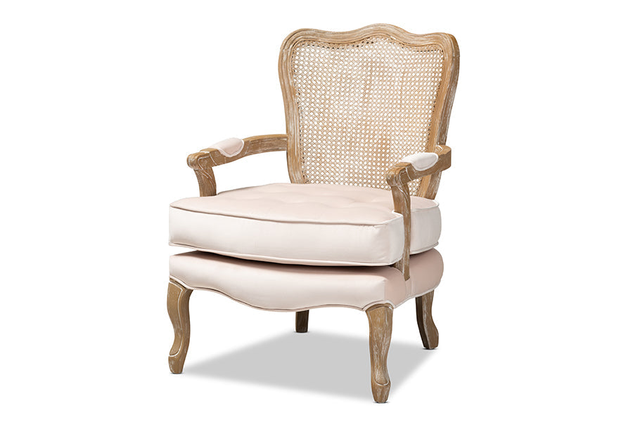 Baxton Studio Vallea Traditional French Provincial Light Beige Velvet Fabric Upholstered White-Washed Oak Wood Armchair