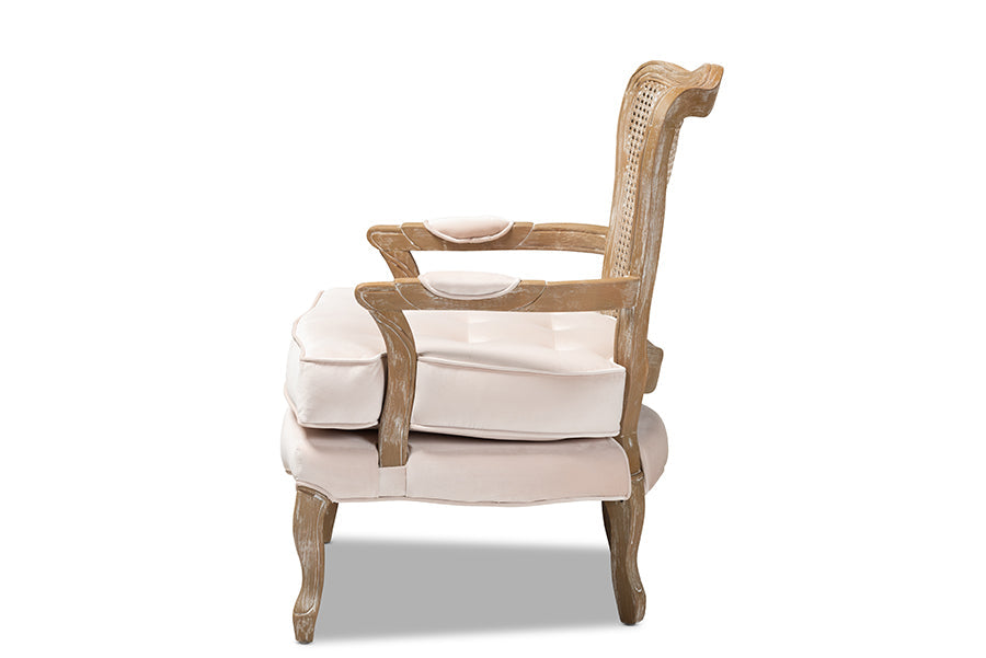 Baxton Studio Vallea Traditional French Provincial Light Beige Velvet Fabric Upholstered White-Washed Oak Wood Armchair