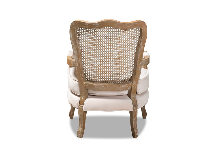 Baxton Studio Vallea Traditional French Provincial Light Beige Velvet Fabric Upholstered White-Washed Oak Wood Armchair
