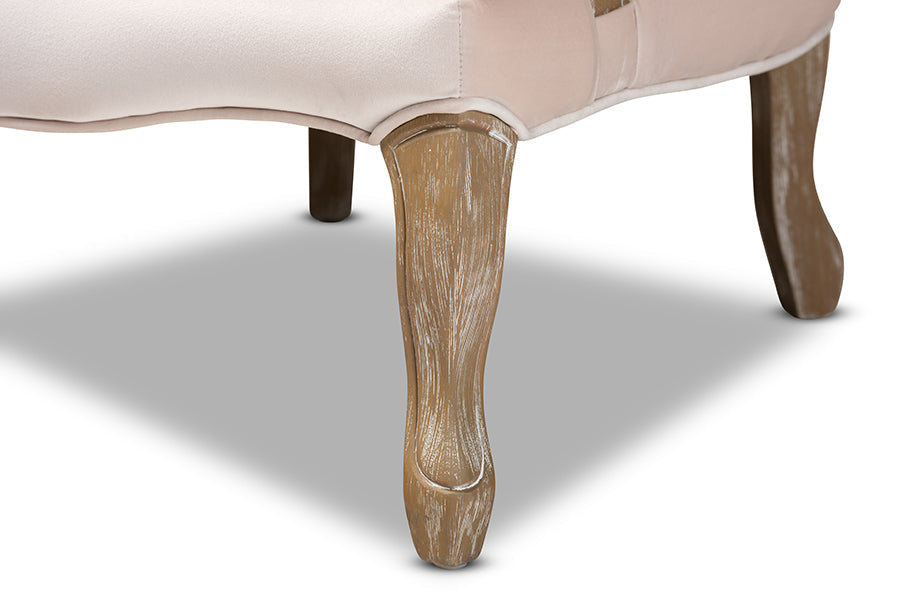 Baxton Studio Vallea Traditional French Provincial Light Beige Velvet Fabric Upholstered White-Washed Oak Wood Armchair