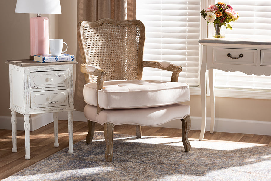 Baxton Studio Vallea Traditional French Provincial Light Beige Velvet Fabric Upholstered White-Washed Oak Wood Armchair