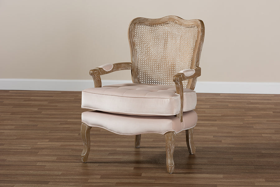 Baxton Studio Vallea Traditional French Provincial Light Beige Velvet Fabric Upholstered White-Washed Oak Wood Armchair