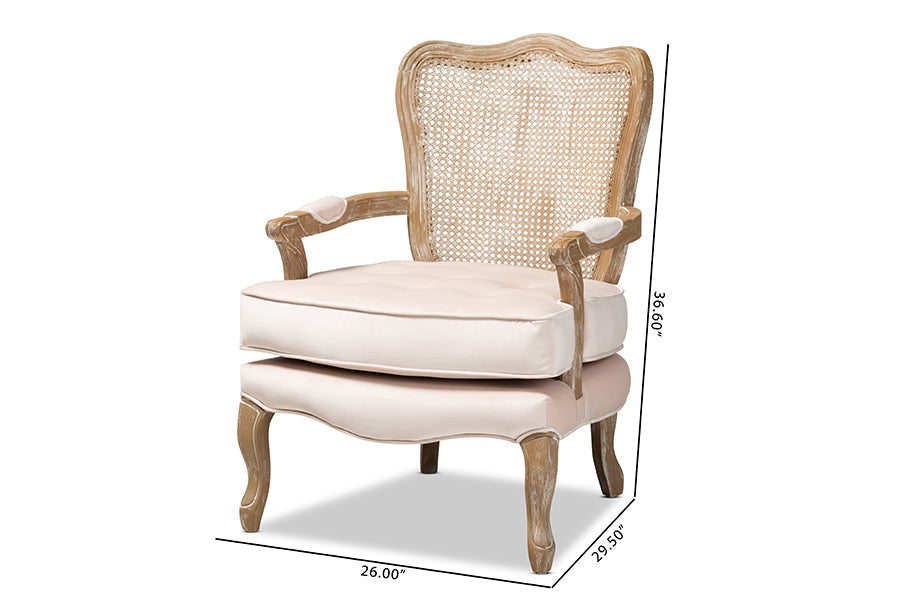 Baxton Studio Vallea Traditional French Provincial Light Beige Velvet Fabric Upholstered White-Washed Oak Wood Armchair