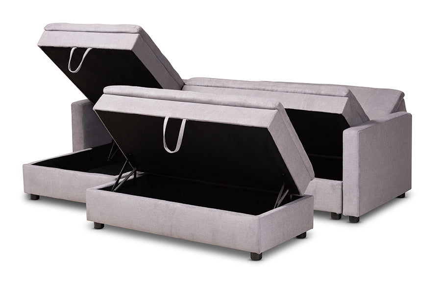 Baxton Studio Noa Modern and Contemporary Light Grey Fabric Upholstered Left Facing Storage Sectional Sleeper Sofa with Ottoman