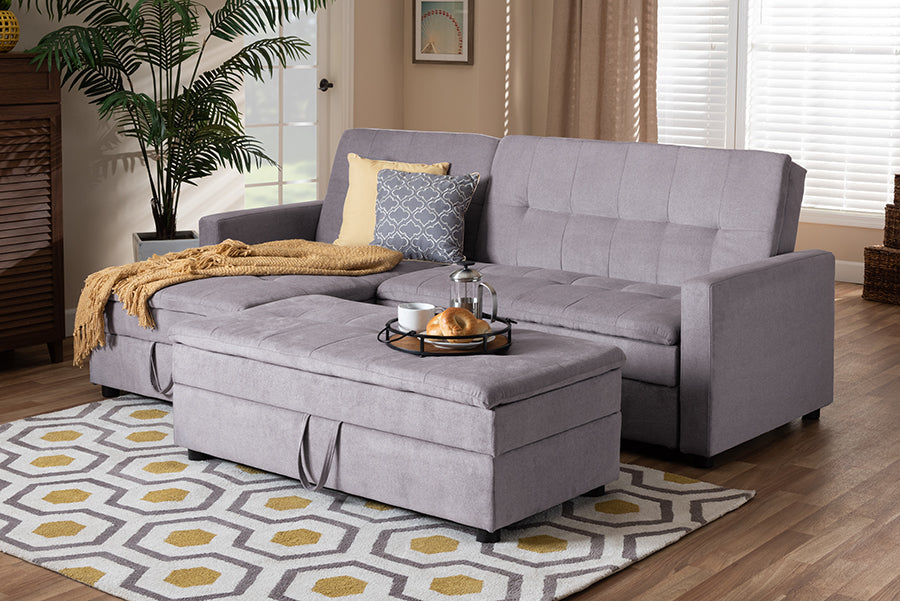 Baxton Studio Noa Modern and Contemporary Light Grey Fabric Upholstered Left Facing Storage Sectional Sleeper Sofa with Ottoman
