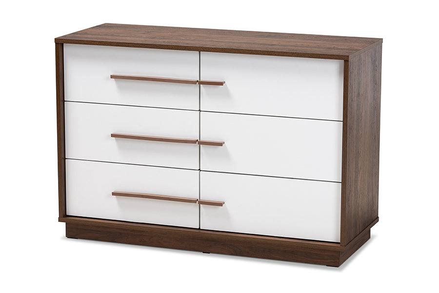 Baxton Studio Mette Mid-Century Modern Two-Tone White and Walnut Finished 6-Drawer Wood Dresser