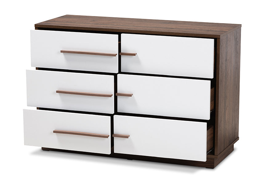 Baxton Studio Mette Mid-Century Modern Two-Tone White and Walnut Finished 6-Drawer Wood Dresser