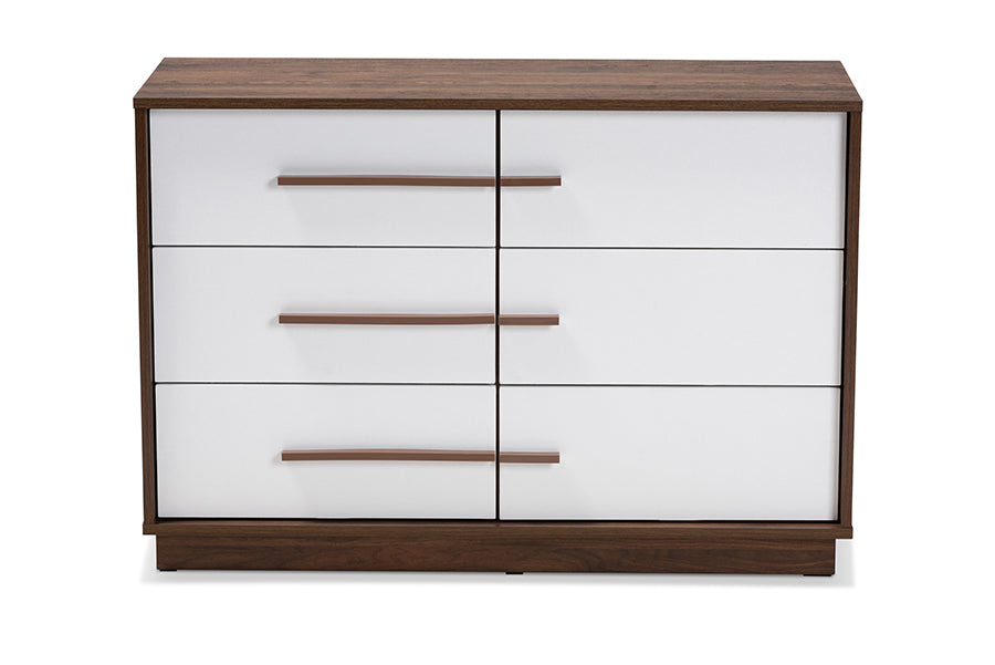 Baxton Studio Mette Mid-Century Modern Two-Tone White and Walnut Finished 6-Drawer Wood Dresser