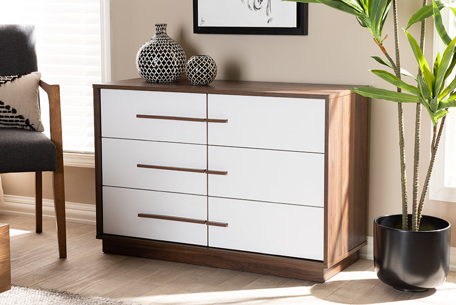 Baxton Studio Mette Mid-Century Modern Two-Tone White and Walnut Finished 6-Drawer Wood Dresser