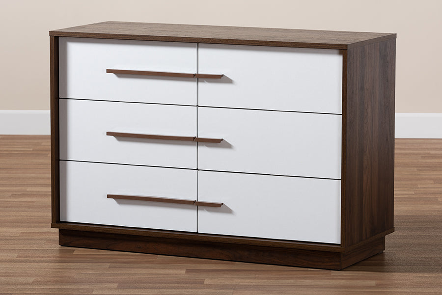 Baxton Studio Mette Mid-Century Modern Two-Tone White and Walnut Finished 6-Drawer Wood Dresser