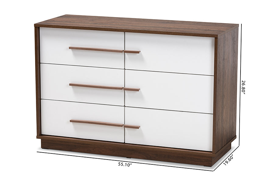 Baxton Studio Mette Mid-Century Modern Two-Tone White and Walnut Finished 6-Drawer Wood Dresser