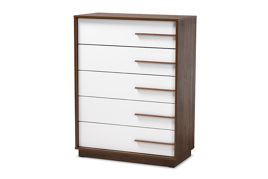 Baxton Studio Mette Mid-Century Modern Two-Tone White and Walnut Finished 5-Drawer Wood Chest