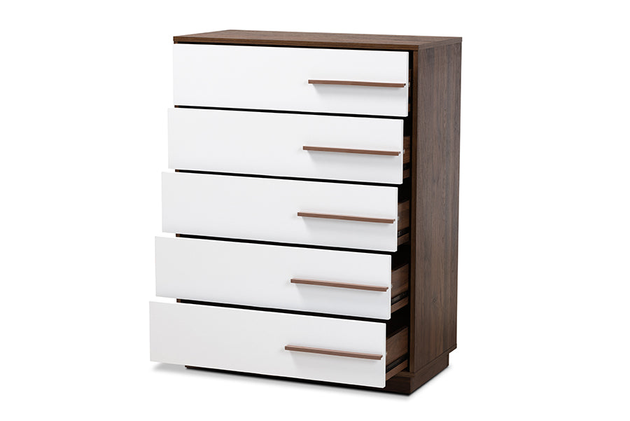 Baxton Studio Mette Mid-Century Modern Two-Tone White and Walnut Finished 5-Drawer Wood Chest