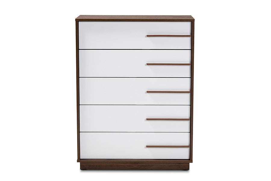 Baxton Studio Mette Mid-Century Modern Two-Tone White and Walnut Finished 5-Drawer Wood Chest