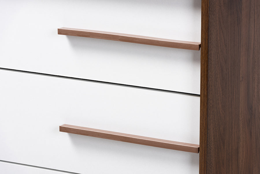 Baxton Studio Mette Mid-Century Modern Two-Tone White and Walnut Finished 5-Drawer Wood Chest