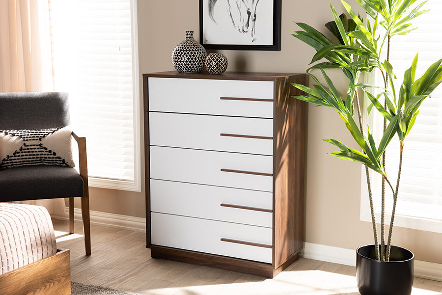 Baxton Studio Mette Mid-Century Modern Two-Tone White and Walnut Finished 5-Drawer Wood Chest