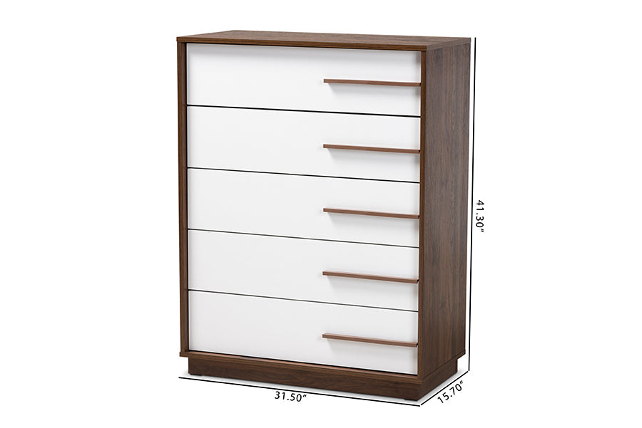 Baxton Studio Mette Mid-Century Modern Two-Tone White and Walnut Finished 5-Drawer Wood Chest