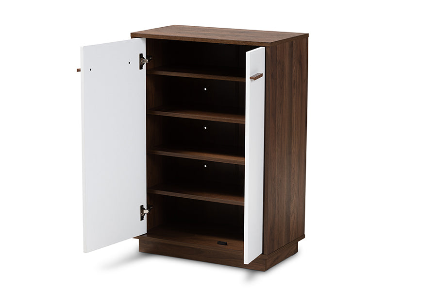 Baxton Studio Mette Mid-Century Modern Two-Tone White and Walnut Finished 5-Shelf Wood Entryway Shoe Cabinet