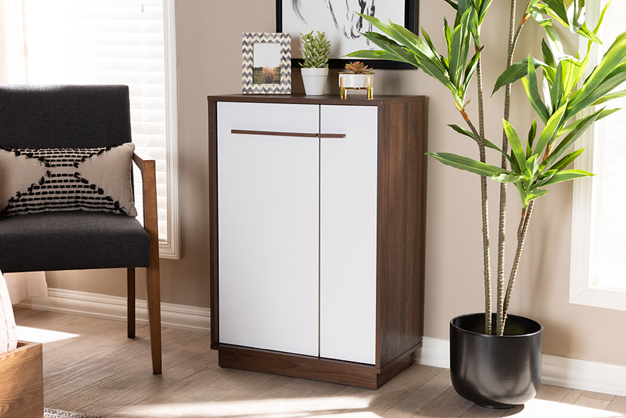 Baxton Studio Mette Mid-Century Modern Two-Tone White and Walnut Finished 5-Shelf Wood Entryway Shoe Cabinet