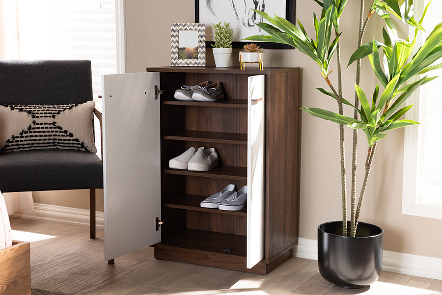Baxton Studio Mette Mid-Century Modern Two-Tone White and Walnut Finished 5-Shelf Wood Entryway Shoe Cabinet