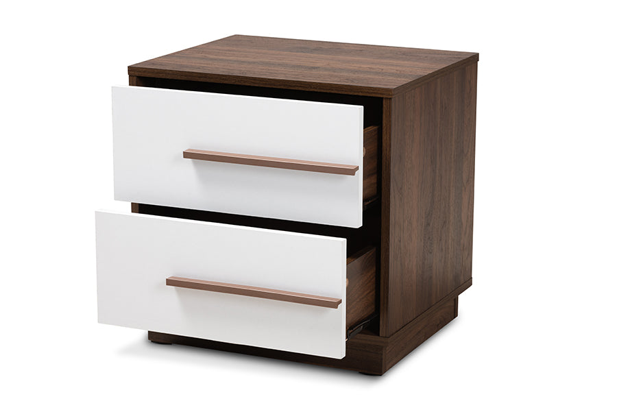 Baxton Studio Mette Mid-Century Modern Two-Tone White and Walnut Finished 2-Drawer Wood Nightstand