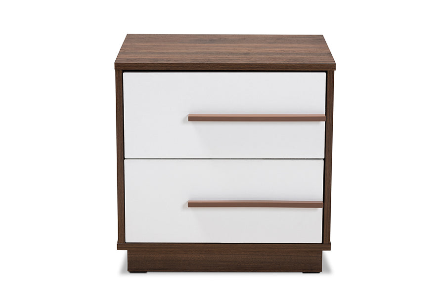 Baxton Studio Mette Mid-Century Modern Two-Tone White and Walnut Finished 2-Drawer Wood Nightstand