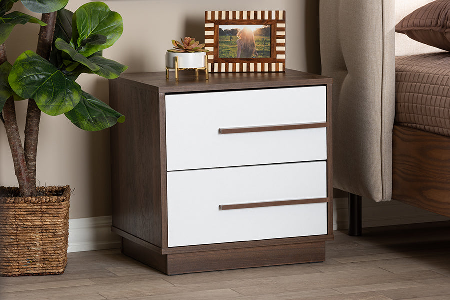 Baxton Studio Mette Mid-Century Modern Two-Tone White and Walnut Finished 2-Drawer Wood Nightstand