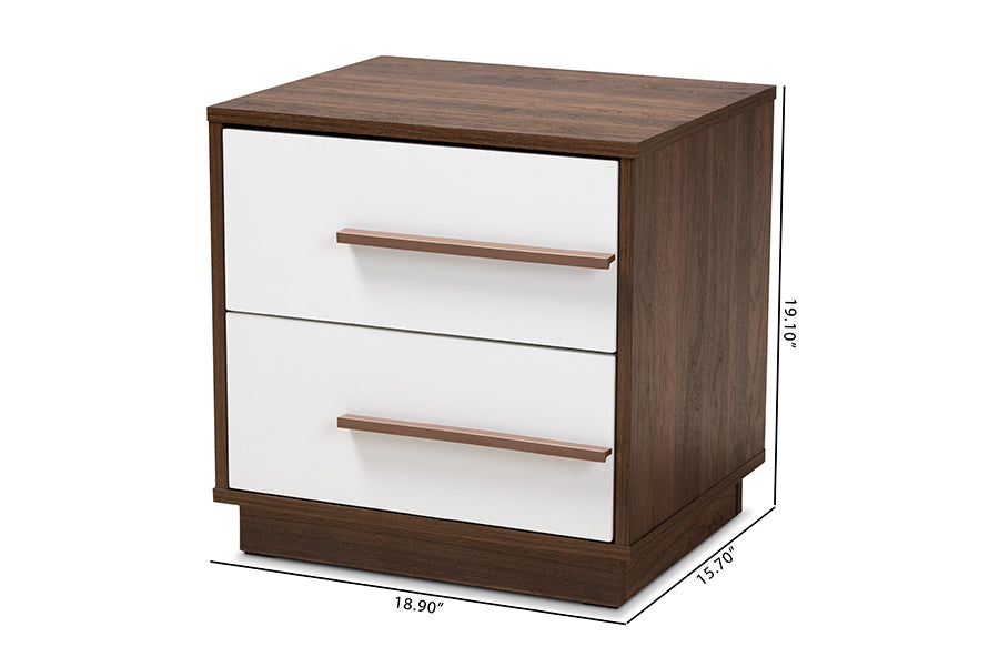 Baxton Studio Mette Mid-Century Modern Two-Tone White and Walnut Finished 2-Drawer Wood Nightstand
