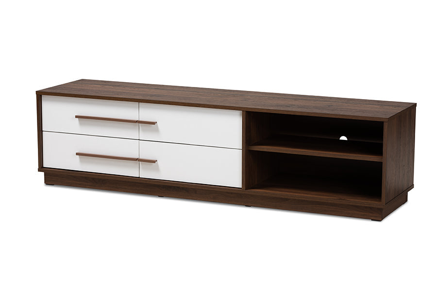 Baxton Studio Mette Mid-Century Modern Two-Tone White and Walnut Finished 4-Drawer Wood TV Stand