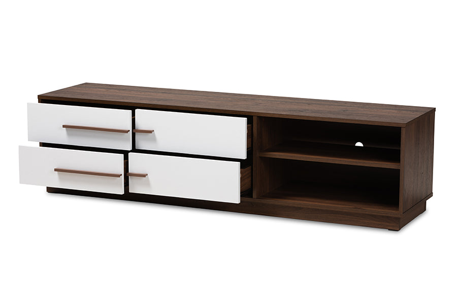 Baxton Studio Mette Mid-Century Modern Two-Tone White and Walnut Finished 4-Drawer Wood TV Stand