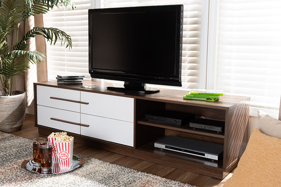 Baxton Studio Mette Mid-Century Modern Two-Tone White and Walnut Finished 4-Drawer Wood TV Stand