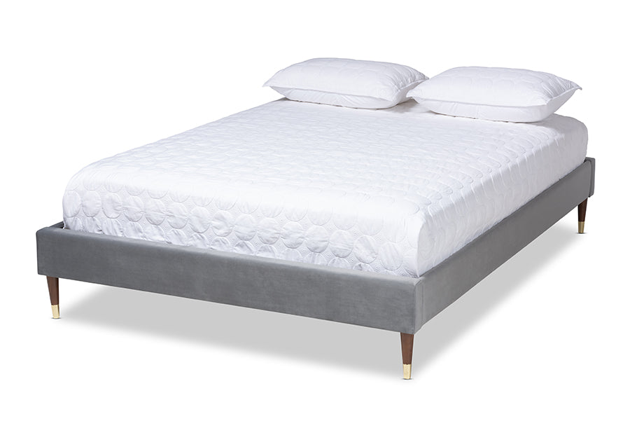 Baxton Studio Volden Glam and Luxe Charcoal Velvet Fabric Upholstered Full Size Wood Platform Bed Frame with Gold-Tone Leg Tips