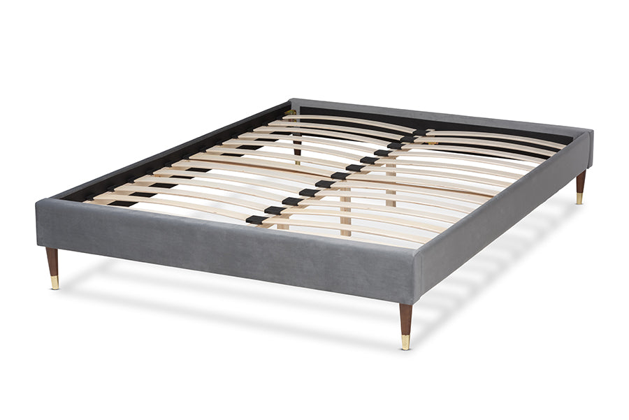 Baxton Studio Volden Glam and Luxe Charcoal Velvet Fabric Upholstered Full Size Wood Platform Bed Frame with Gold-Tone Leg Tips
