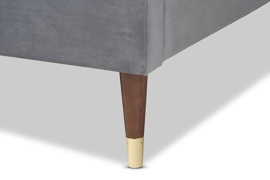 Baxton Studio Volden Glam and Luxe Charcoal Velvet Fabric Upholstered Full Size Wood Platform Bed Frame with Gold-Tone Leg Tips