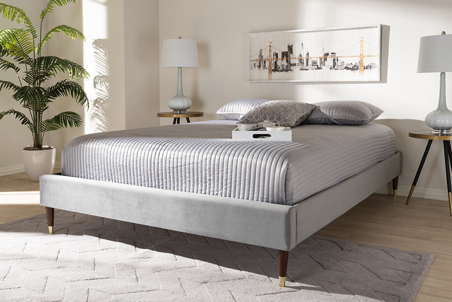 Baxton Studio Volden Glam and Luxe Charcoal Velvet Fabric Upholstered Full Size Wood Platform Bed Frame with Gold-Tone Leg Tips