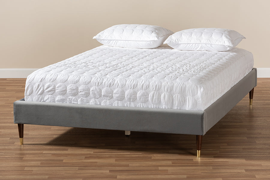 Baxton Studio Volden Glam and Luxe Charcoal Velvet Fabric Upholstered Full Size Wood Platform Bed Frame with Gold-Tone Leg Tips