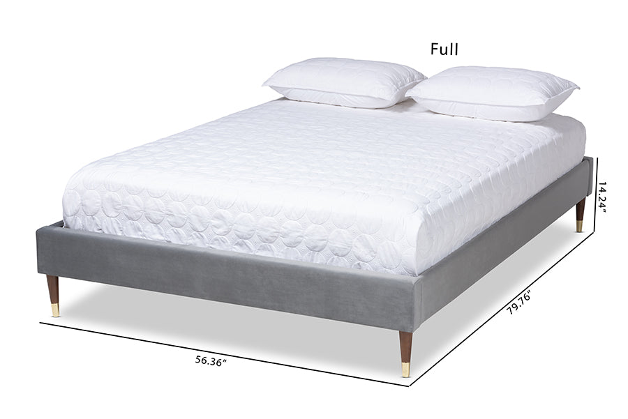 Baxton Studio Volden Glam and Luxe Charcoal Velvet Fabric Upholstered Full Size Wood Platform Bed Frame with Gold-Tone Leg Tips