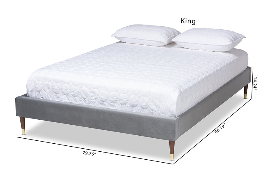 Baxton Studio Volden Glam and Luxe Charcoal Velvet Fabric Upholstered Full Size Wood Platform Bed Frame with Gold-Tone Leg Tips