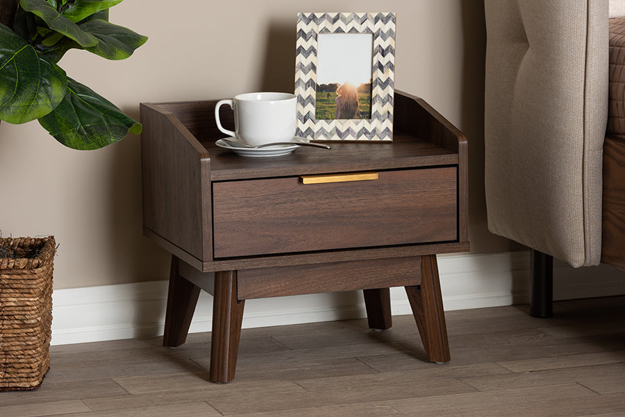 Baxton Studio Lena Mid-Century Modern Walnut Brown Finished 1-Drawer Wood Nightstand